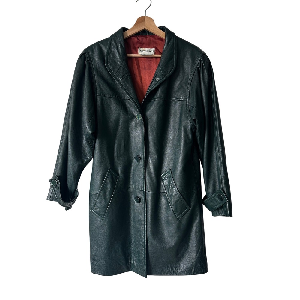 Bloomingdales Petites Vintage Dark Green Leather Coat Button Front Size S